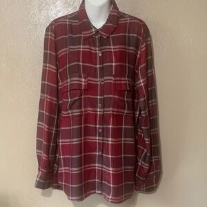 Max Studio size L Dark Red Plaid Button-Down Shirt Pockets NWT